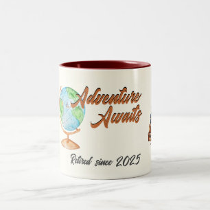 Retirement Travel Adventure Awaits Globe  Two-Tone Coffee Mug