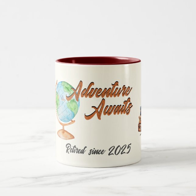 Retirement Travel Adventure Awaits Globe  Two-Tone Coffee Mug (Center)