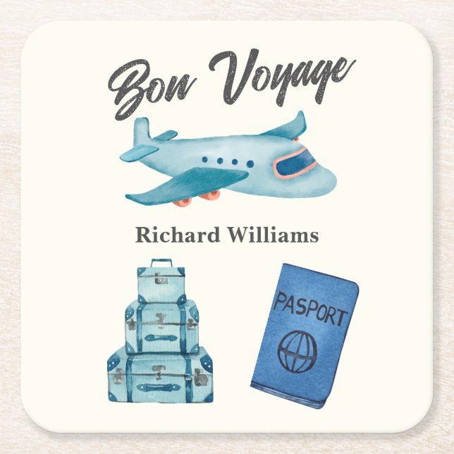 Retirement Travel Adventure Bon Voyage Plane  Square Paper Coaster (Front)