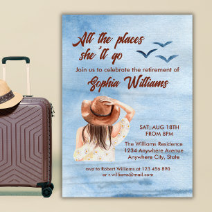 retirement travel all the places woman watercolor  invitation