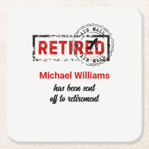 Retirement Travel Post Stamp Grunge Square Paper Coaster