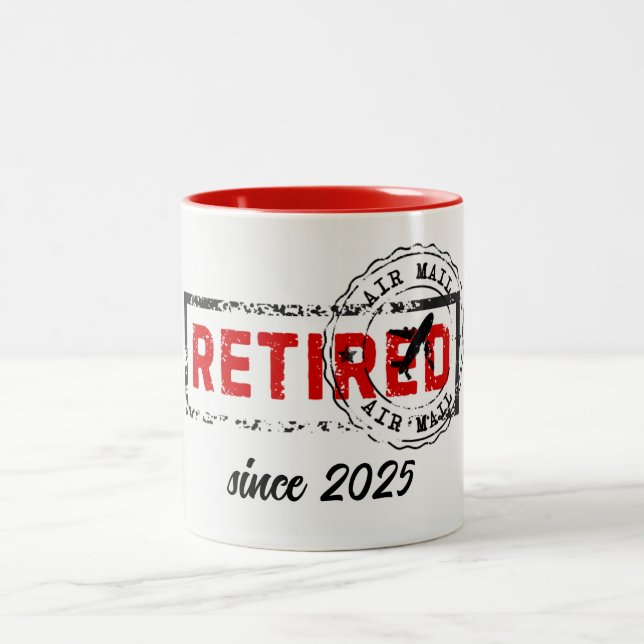 Retirement Travel Post Stamp Grunge Two-Tone Coffee Mug (Center)