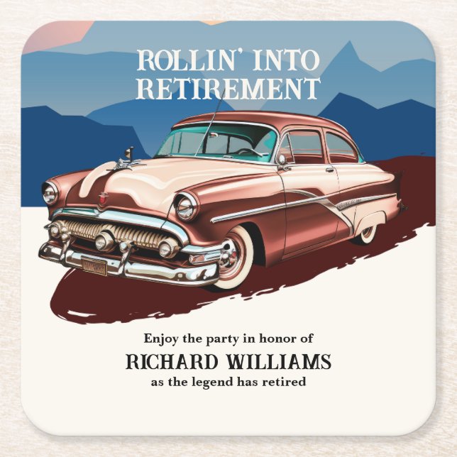 Retirement Travel Retro Classic Car Theme  Square Paper Coaster (Front)