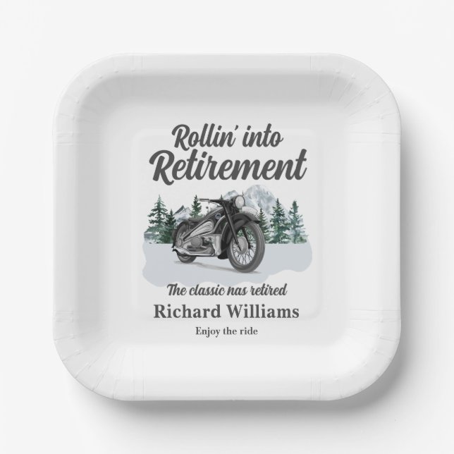Retirement Travel Theme Classic Motorbike Rolling Paper Plate (Front)