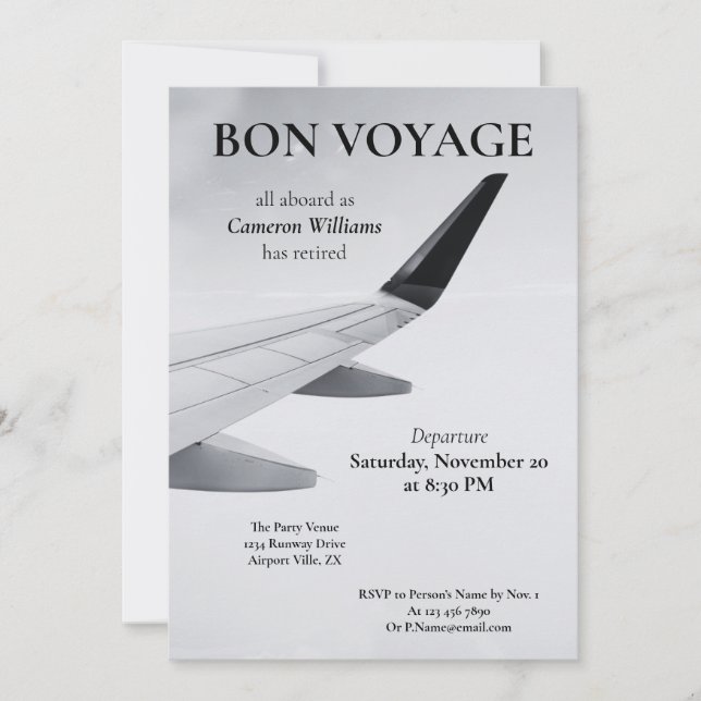 Retirement Travel Theme Modern Plane Bon Voyage Invitation (Front)
