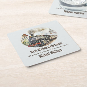 Retirement Travel Theme Party Train Next Station Square Paper Coaster