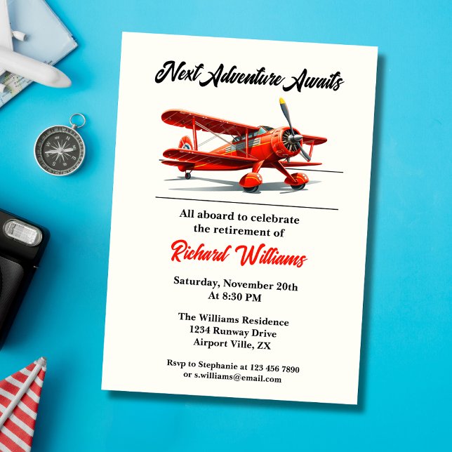 Retirement Travel Themed Party Red Plane Vintage Invitation (Creator Uploaded)