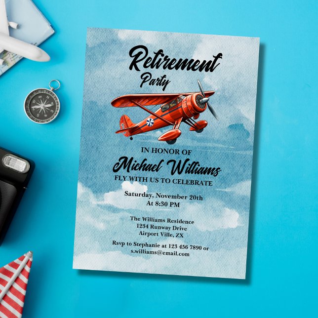 Retirement Travel Themed Party Red Plane Vintage Invitation (Creator Uploaded)