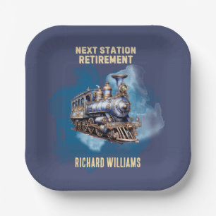 retirement travel themed train next station party paper plate