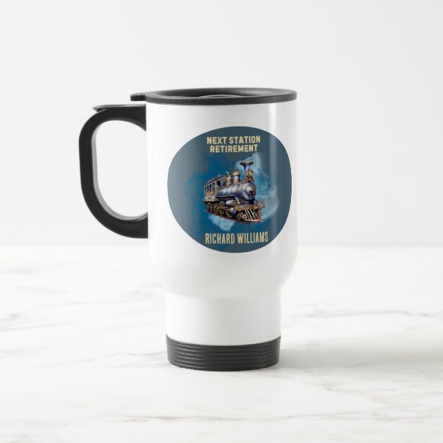 retirement travel themed train next station party  travel mug (Left)