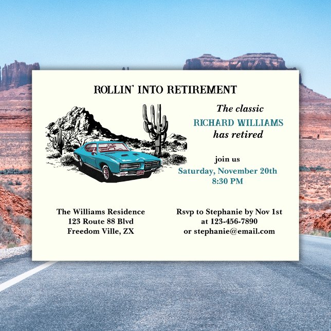 Retirement Travel Vintage Car Desert Party Invitation (Creator Uploaded)