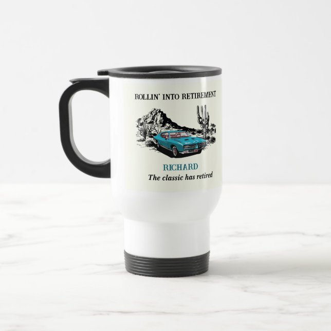 Retirement Travel Vintage Car Desert Party Mug (Left)