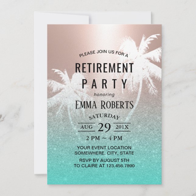 Retirement Tropical Palm Tree Rose Gold & Teal Invitation (Front)