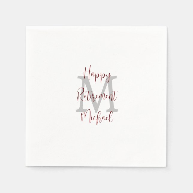 Retirement White Grey Burgundy Name Monogram  Napkin (Front)