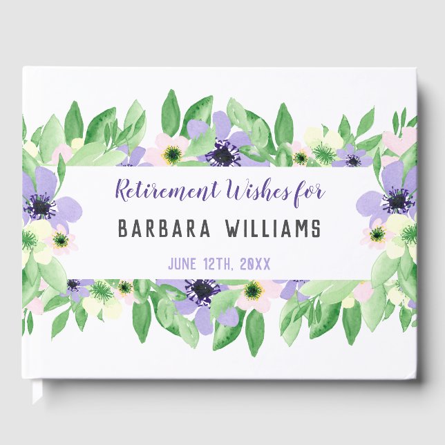 Retirement Wishes Lavender Watercolor Floral Guest Book (Front)
