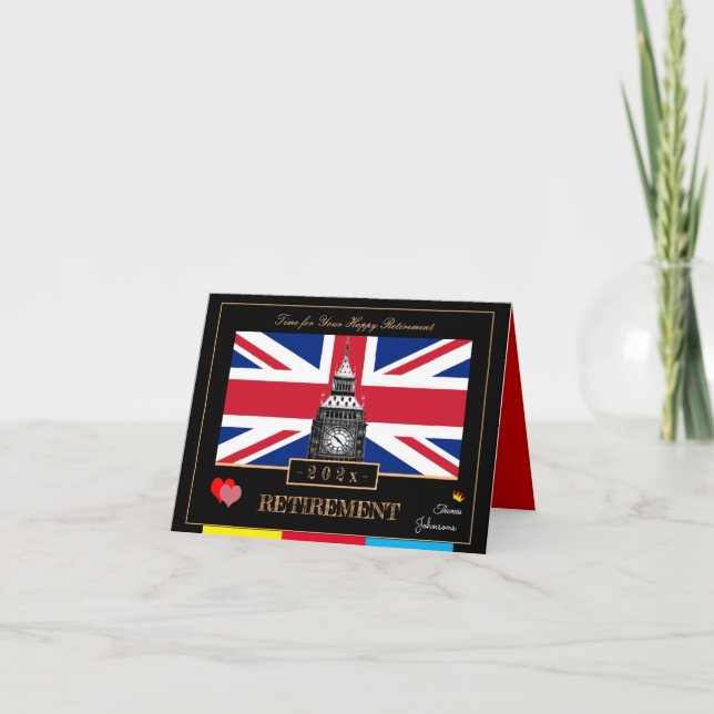Retirement with British Flag, Big Ben Clock, UK Card (Front)