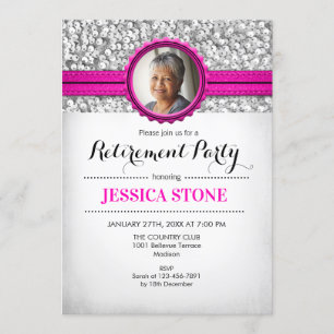Retirement With Photo - Pink Silver White Invitation