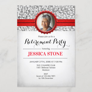 Retirement With Photo - Red Silver White Invitation