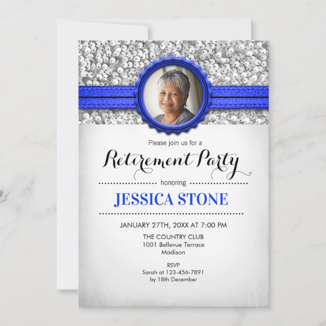 Retirement With Photo - Royal Blue Silver Invitation (Front)