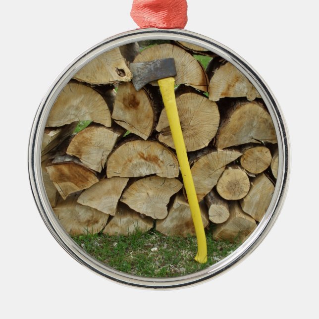 Retirements-Wood-pile and Axe Metal Tree Decoration (Front)