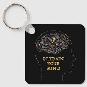 Retrain Your Mind Inspirational Word Art Design Key Ring