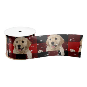 Retriever in Snow on Buffalo Plaid Satin Ribbon