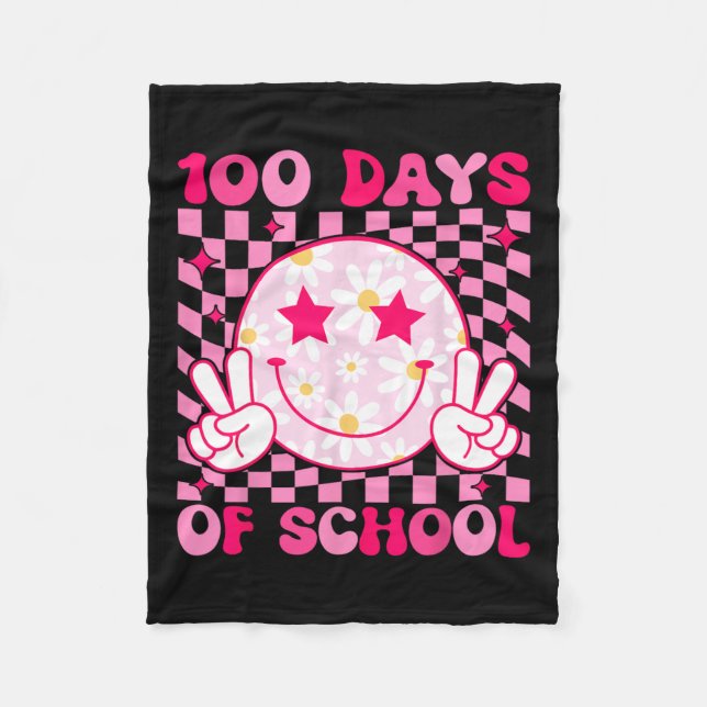 Retro 100 Days Of School Girls Kids Teacher Happy  Fleece Blanket (Front)