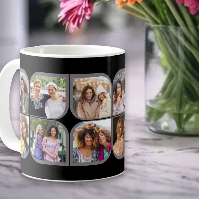 Retro 12 Photo Pinwheel Flower Petal Black Grey Coffee Mug (Creator Uploaded)