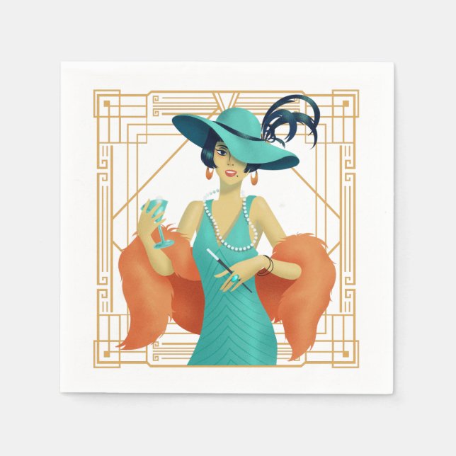 Retro 1920s Glam Lady Cocktail Art Deco Gold Frame Napkin (Front)
