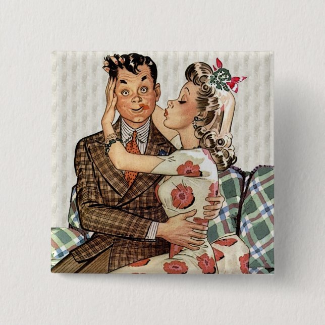 Retro 1940s Kissing Couple 15 Cm Square Badge (Front)