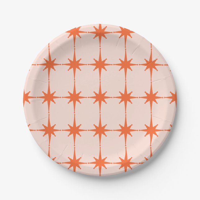 Retro 1950s and 60s Starburst Pattern in Orange Paper Plate (Front)