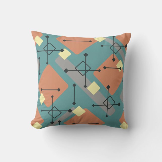 Retro 1950s Art Diamonds Teal Orange Cushion (Front)