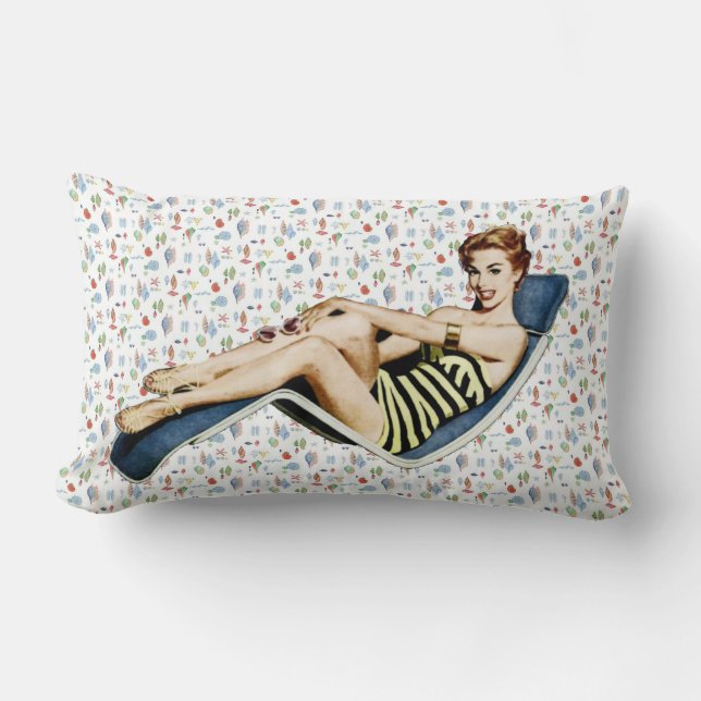 Retro 1950s Beach Pinup Lumbar Cushion (Front)