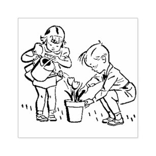 Retro 1950's Children planting flowers Cute Rubber Stamp