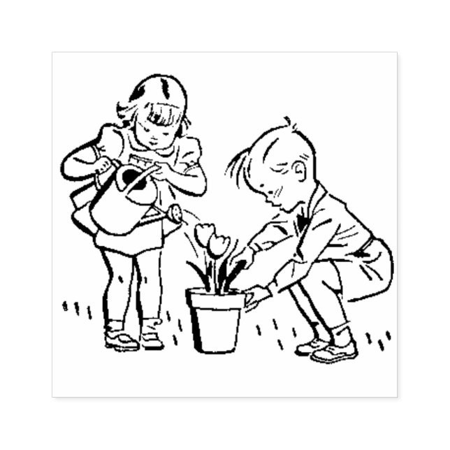 Retro 1950's Children planting flowers Cute Rubber Stamp (Imprint)