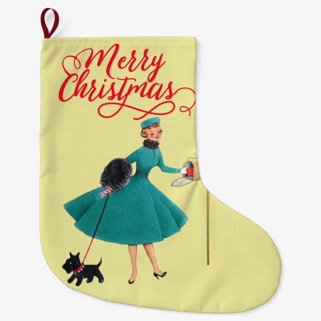 Retro 1950s Christmas Girl & Dog Large Christmas Stocking (Front)