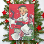 Retro 1950s Christmas Shopping Girl Vintage Holiday Card<br><div class="desc">This mid-century vintage card features a 1950's fashionable lady wearing a white fur coat,  black gloves and hat and carrying Christmas presents and a festive wreath.  Sentiment inside the card says "Best wishes for a Wonderful Holiday Season and Happy New Year!" and can be changed or edited.</div>