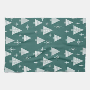 Retro 1950s Christmas Trees Teal Green Tea Towel
