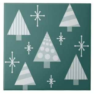 Retro 1950s Christmas Trees Teal Green Tile