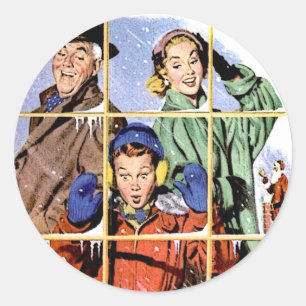 Retro 1950s Christmas Window Classic Round Sticker