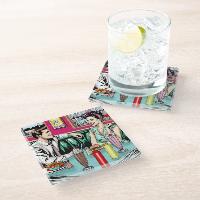 Retro 1950's Couple at Diner Glass Coaster (Angled)