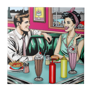 Retro 1950's Couple at Diner Tile