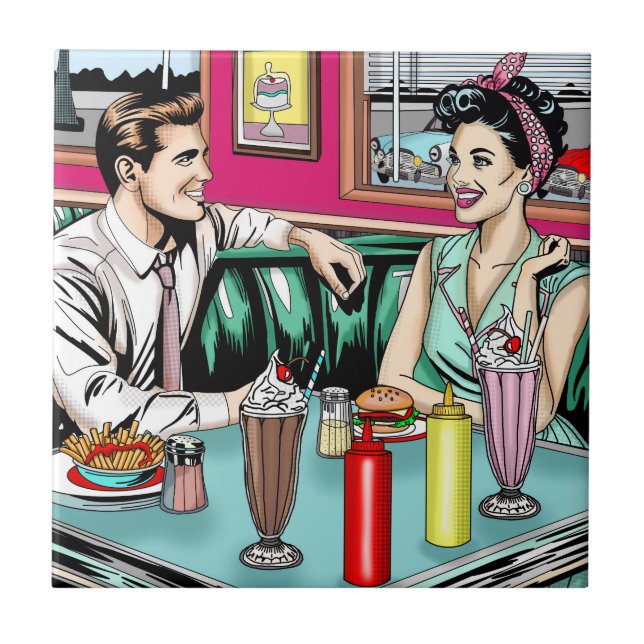 Retro 1950's Couple at Diner Tile (Front)