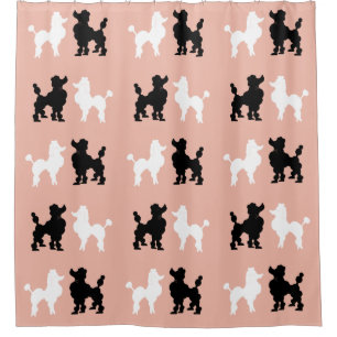Retro 1950's Cute White and Black Poodles Salmon Shower Curtain