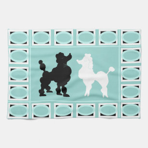 Retro 1950's Cute White & Black Poodles on Aqua Tea Towel