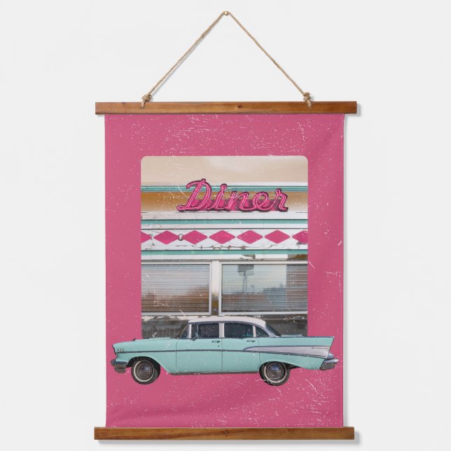 Retro 1950s Diner Wall Art | Pink Neon Sign & Teal (Front)