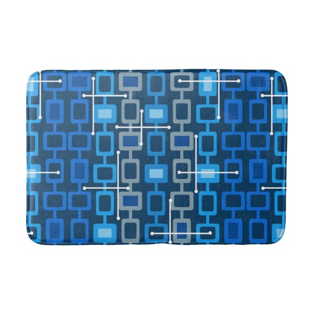 Retro 1950s Geometric Pattern Blue Bath Mat (Front)