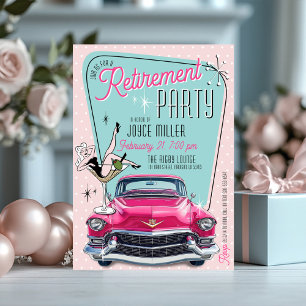 Retro 1950s Glam Pink Vintage Car Retirement Party Invitation