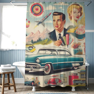 Retro 1950s Kitsch Illustration Shower Curtain