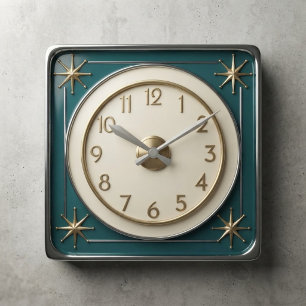 Retro 1950s Mid Century Atomic Starbursts Space Ag Square Wall Clock